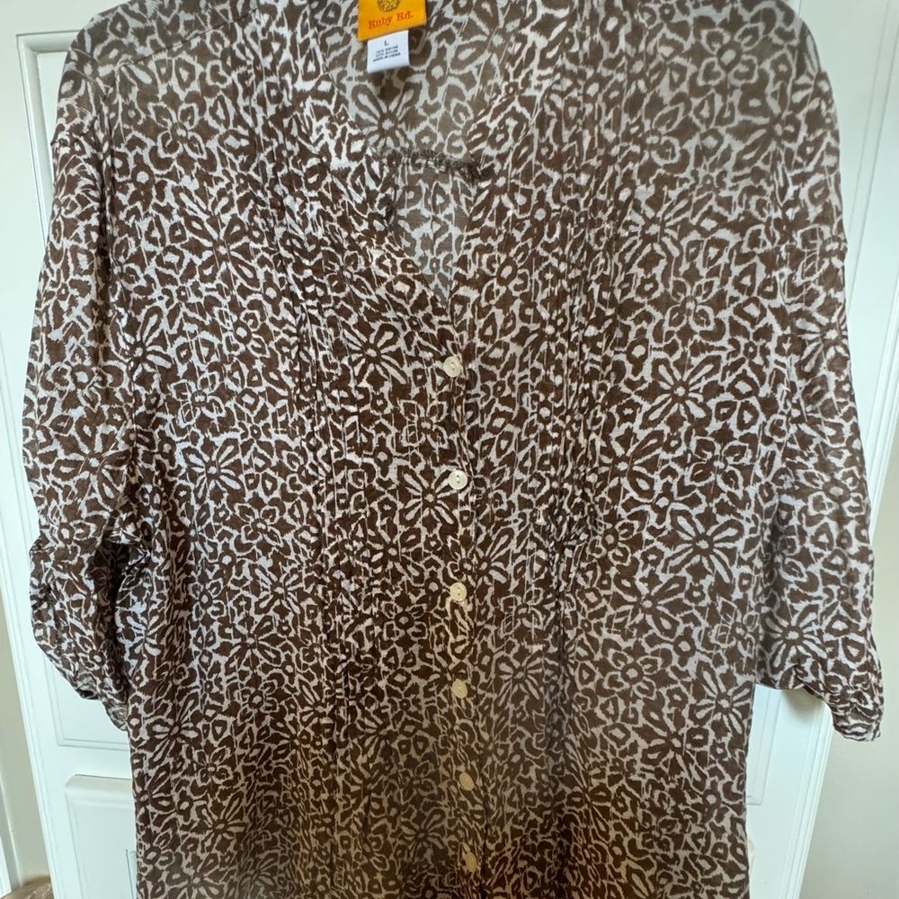 Ruby Rd. Relaxed Brown and White Button Down Blouse